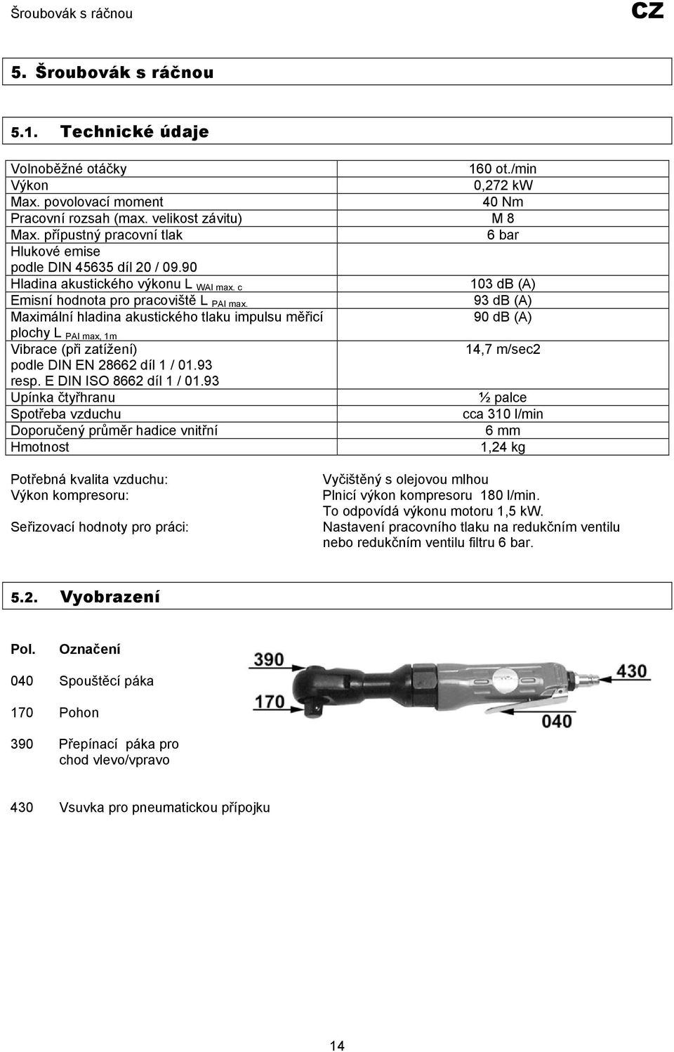 93 db (A) Maximální hladina akustického tlaku impulsu měřicí 90 db (A) plochy L PAI max, 1m Vibrace (při zatížení) 14,7 m/sec2 podle DIN EN 28662 díl 1 / 01.93 resp. E DIN ISO 8662 díl 1 / 01.