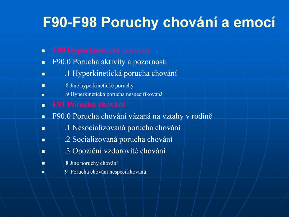 9 Hyperkinetická porucha nespecifikovaná F91 Porucha chování F90.