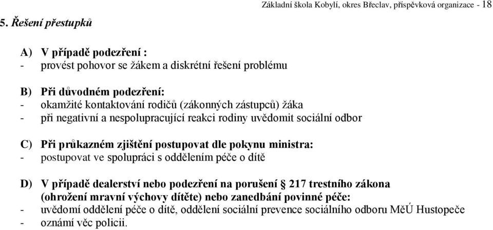 průkazném zjištění postupovat dle pokynu ministra: - postupovat ve spolupráci s oddělením péče o dítě D) V případě dealerství nebo podezření na porušení 217 trestního