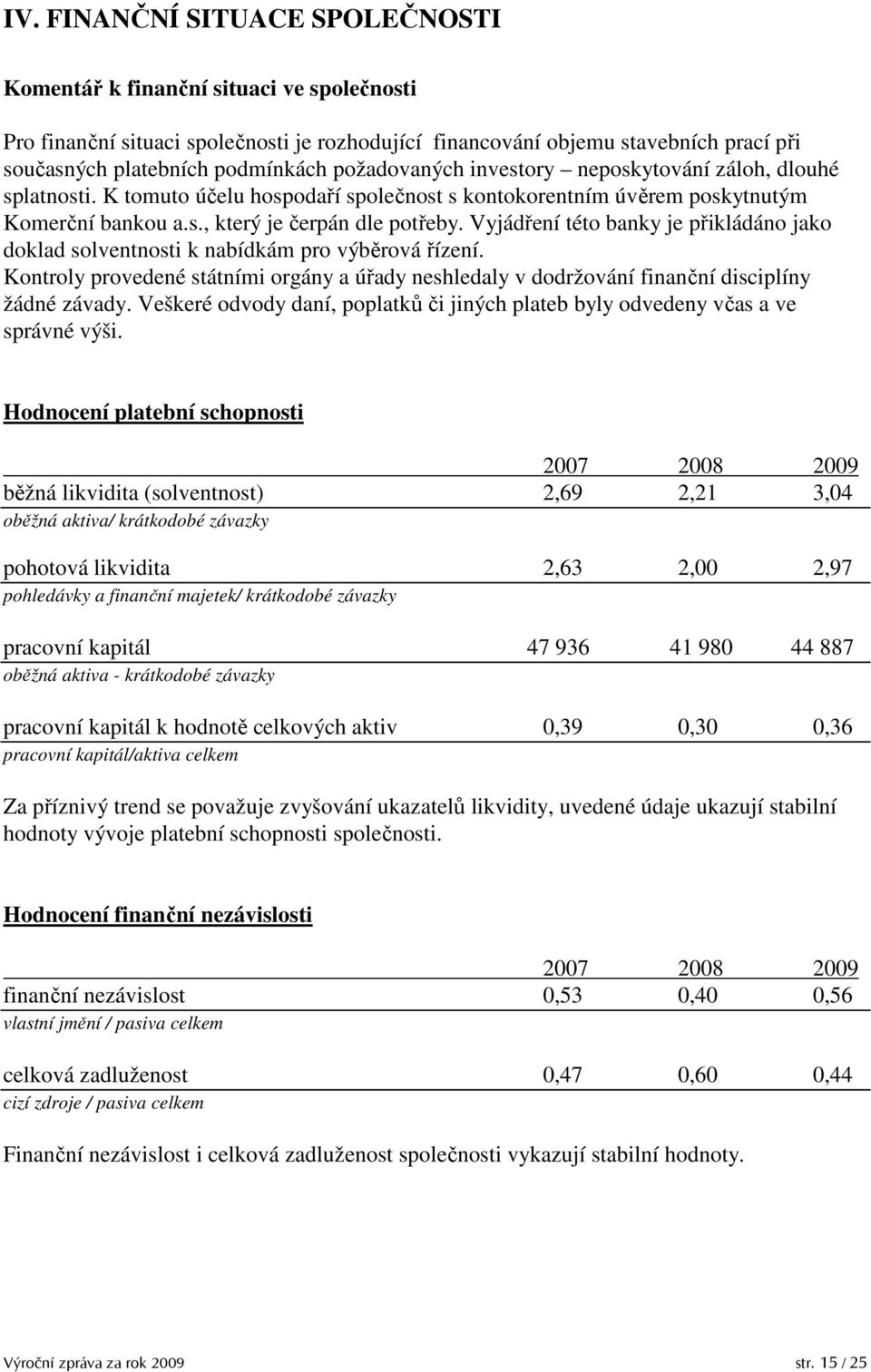 Vyjádření této banky je přikládáno jako doklad solventnosti k nabídkám pro výběrová řízení. Kontroly provedené státními orgány a úřady neshledaly v dodržování finanční disciplíny žádné závady.