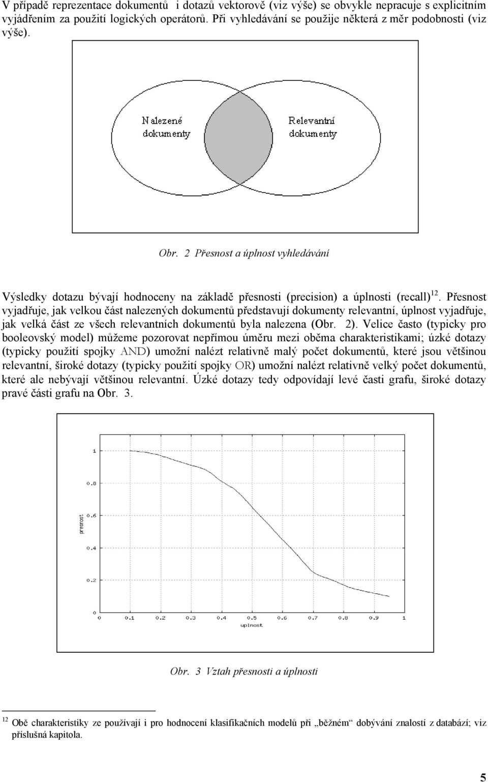 Přesnost vyjadřuje, jak velkou část nalezených dokumentů představují dokumenty relevantní, úplnost vyjadřuje, jak velká část ze všech relevantních dokumentů byla nalezena (Obr. 2).