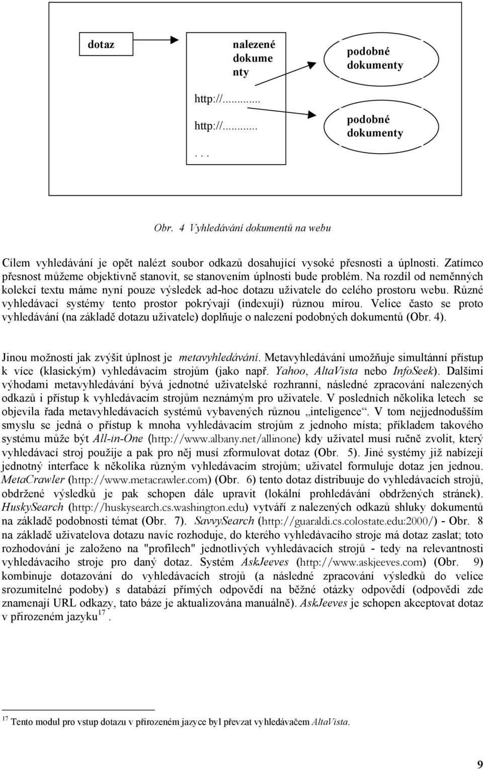 Na rozdíl od neměnných kolekcí textu máme nyní pouze výsledek ad-hoc dotazu uživatele do celého prostoru webu. Různé vyhledávací systémy tento prostor pokrývají (indexují) různou mírou.