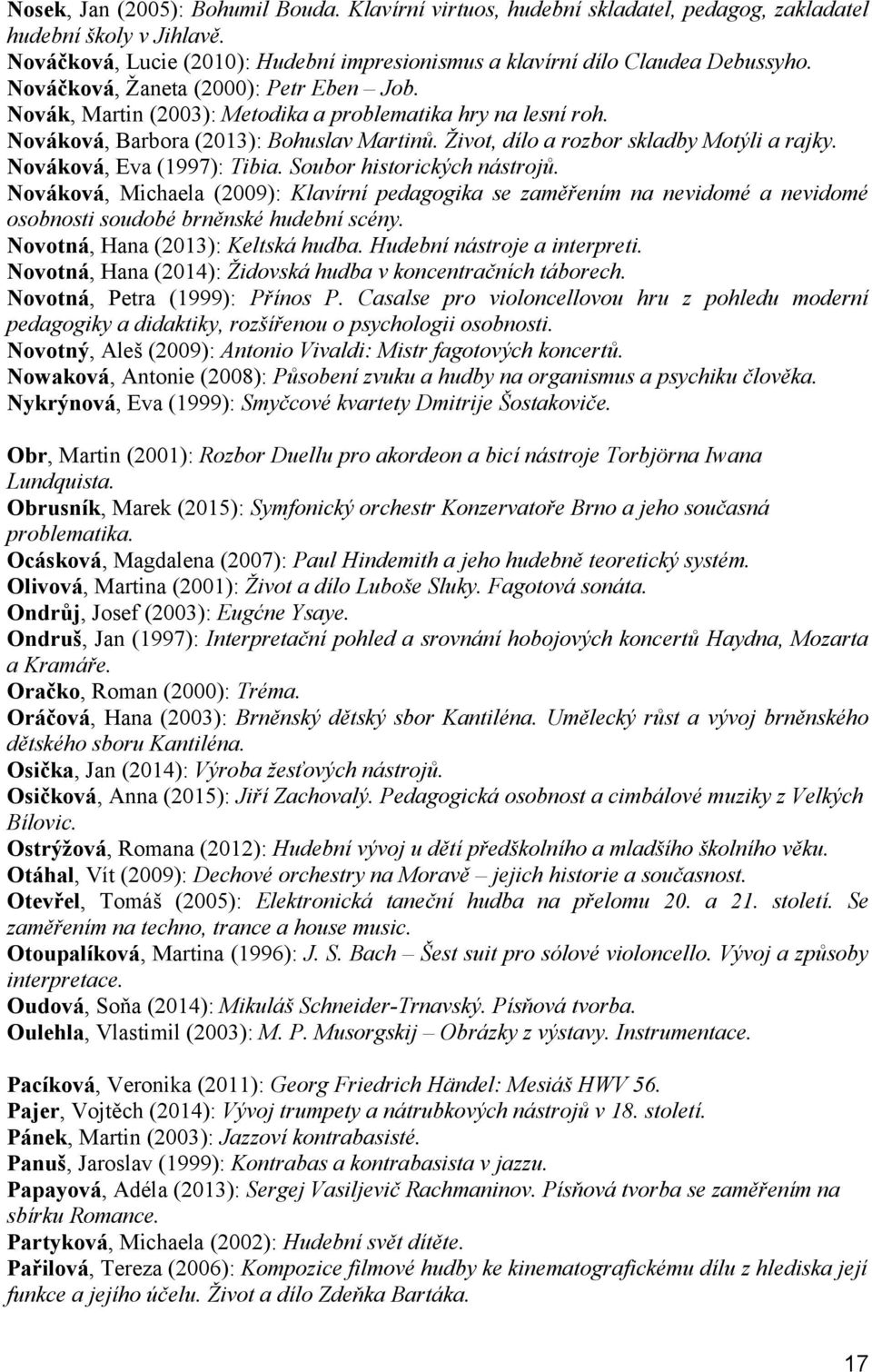 Nováková, Eva (1997): Tibia. Soubor historických nástrojů. Nováková, Michaela (2009): Klavírní pedagogika se zaměřením na nevidomé a nevidomé osobnosti soudobé brněnské hudební scény.