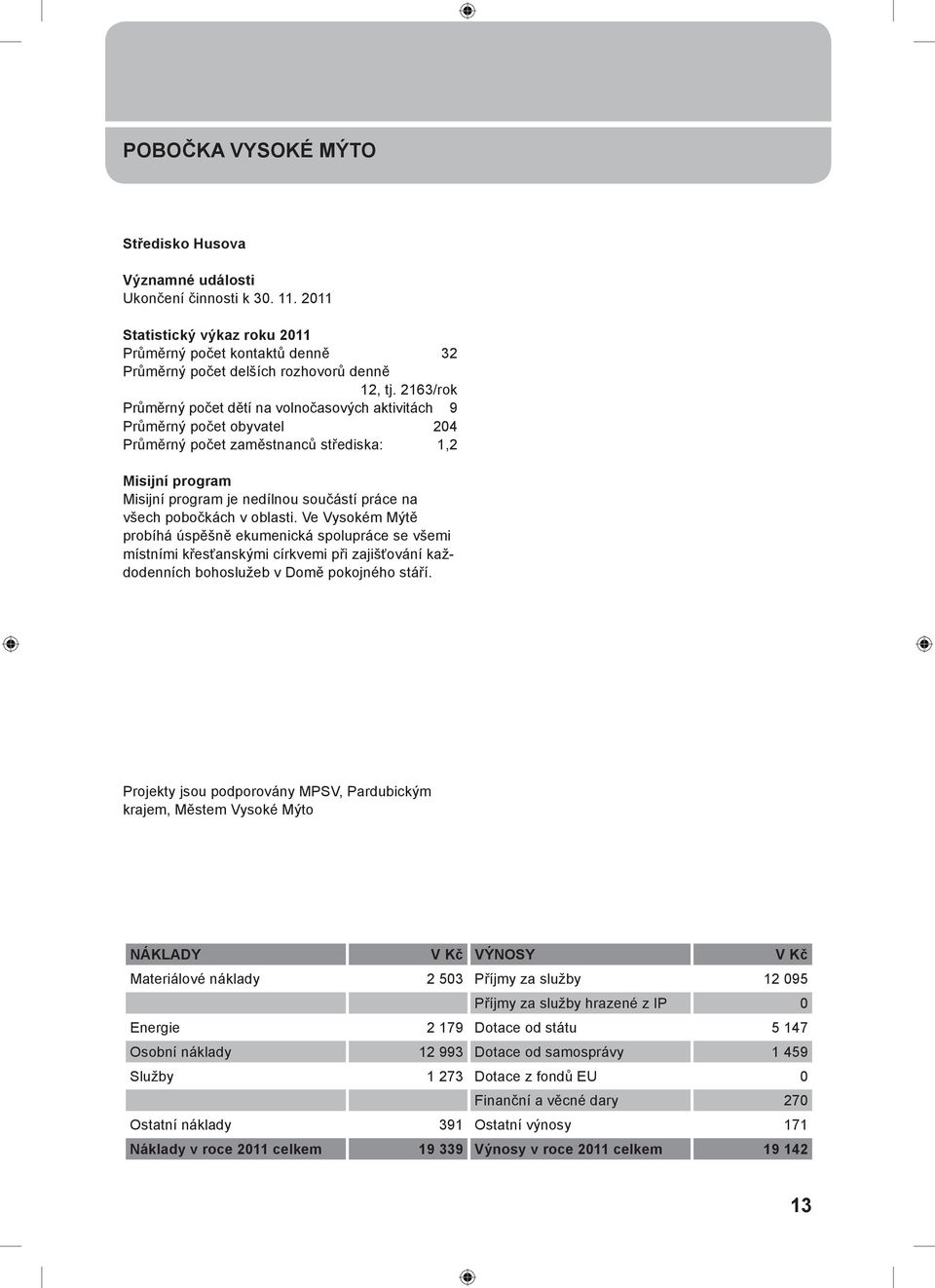 pobočkách v oblasti. Ve Vysokém Mýtě probíhá úspěšně ekumenická spolupráce se všemi místními křesťanskými církvemi při zajišťování každodenních bohoslužeb v Domě pokojného stáří.