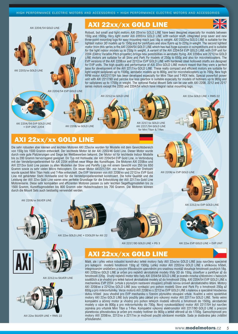 AXI 2203/xx is suitable for the lightest indoor models up to 150g and for parkflyers and slow flyers up to 220g in weight The second lightest motor from this series is the AXI 2204/54 which has had