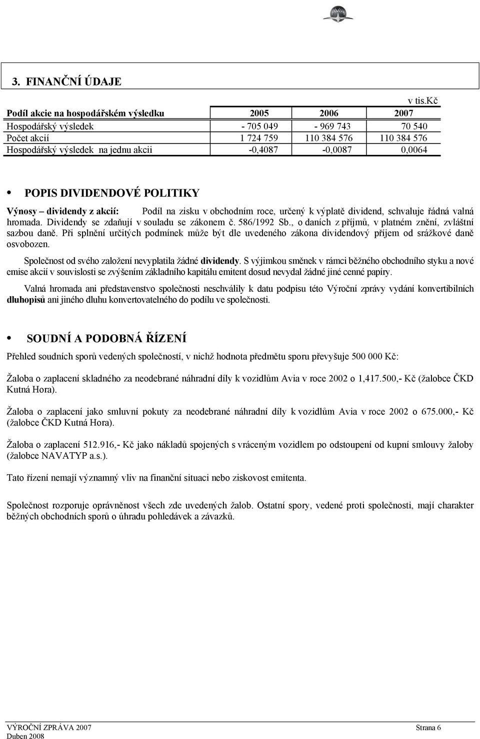 0,0064 POPIS DIVIDENDOVÉ POLITIKY Výnosy dividendy z akcií: Podíl na zisku v obchodním roce, určený k výplatě dividend, schvaluje řádná valná hromada. Dividendy se zdaňují v souladu se zákonem č.