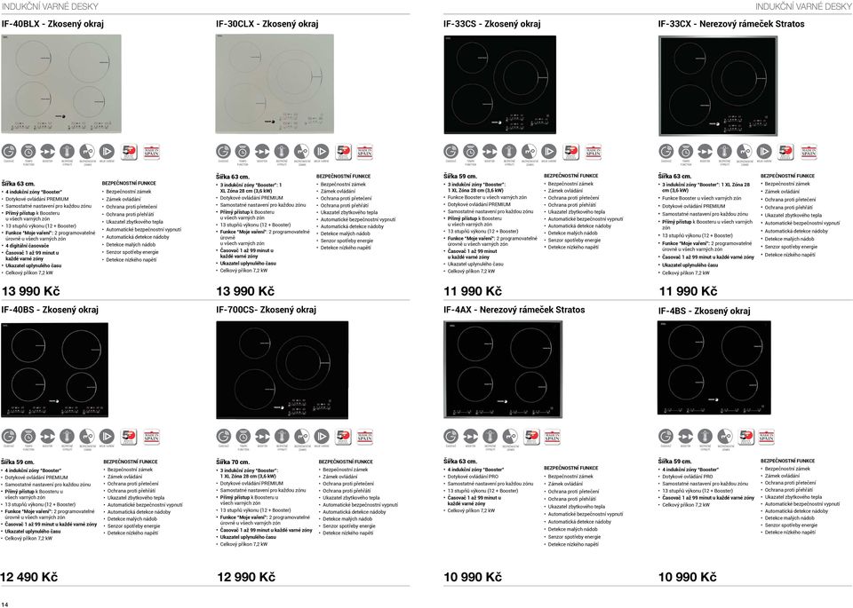 4 indukční zóny Booster Dotykové ovládání PREMIUM Přímý přístup k Boosteru u všech varných zón 13 stupňů výkonu (12 Booster) Funkce Moje vaření : 2 programovatelné úrovně u všech varných zón 4