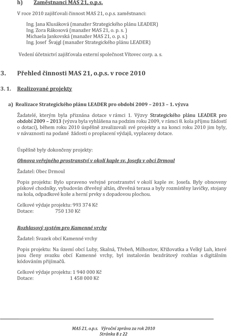 Přehled činnosti MAS 21, o.p.s. v roce 2010 3. 1. Realizované projekty a) Realizace Strategického plánu LEADER pro období 2009 2013 1. výzva Žadatelé, kterým byla přiznána dotace v rámci 1.