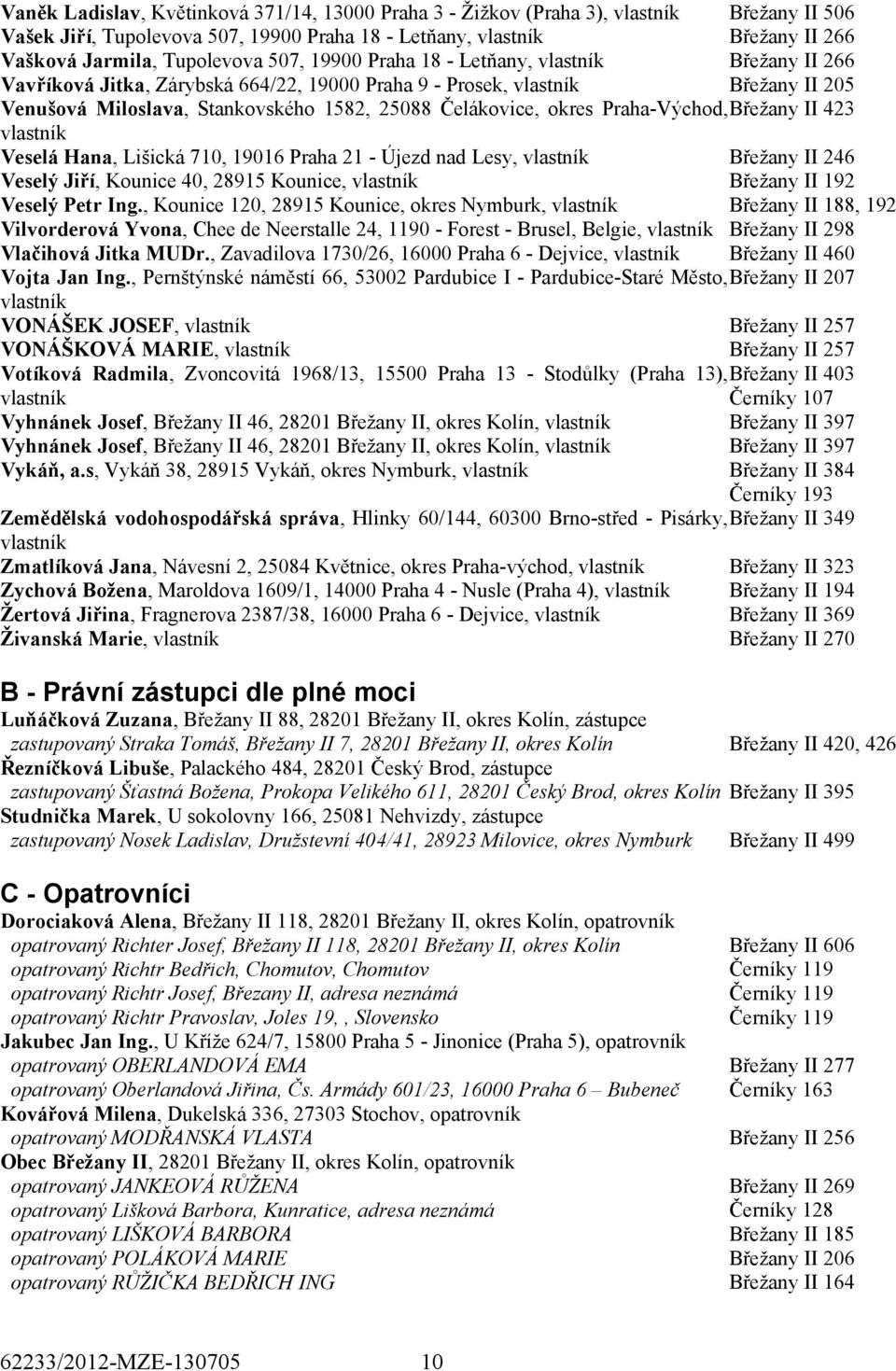 Veselá Hana, Lišická 710, 19016 Praha 21 - Újezd nad Lesy, Břežany II 246 Veselý Jiří, Kounice 40, 28915 Kounice, Břežany II 192 Veselý Petr Ing.