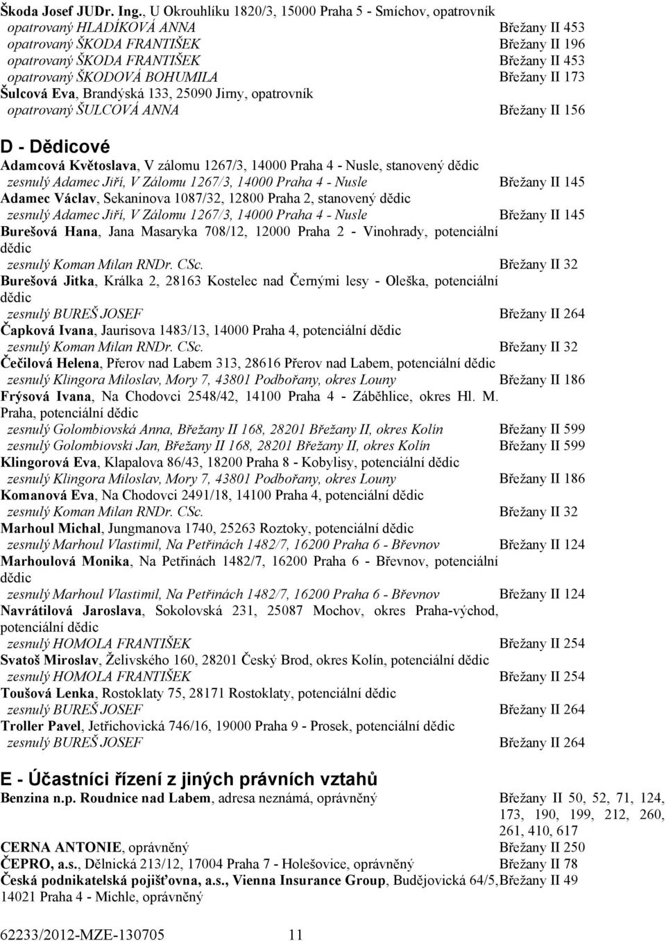 ŠKODOVÁ BOHUMILA Břežany II 173 Šulcová Eva, Brandýská 133, 25090 Jirny, opatrovník opatrovaný ŠULCOVÁ ANNA Břežany II 156 D - Dědicové Adamcová Květoslava, V zálomu 1267/3, 14000 Praha 4 - Nusle,