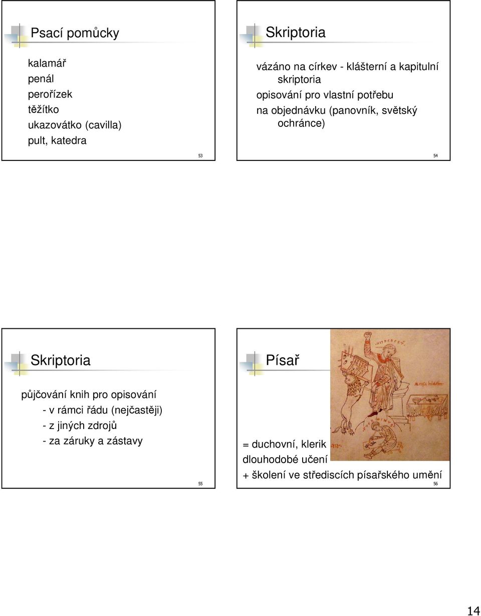 ochránce) 53 54 Skriptoria Písař půjčování knih pro opisování - v rámci řádu (nejčastěji) - z jiných