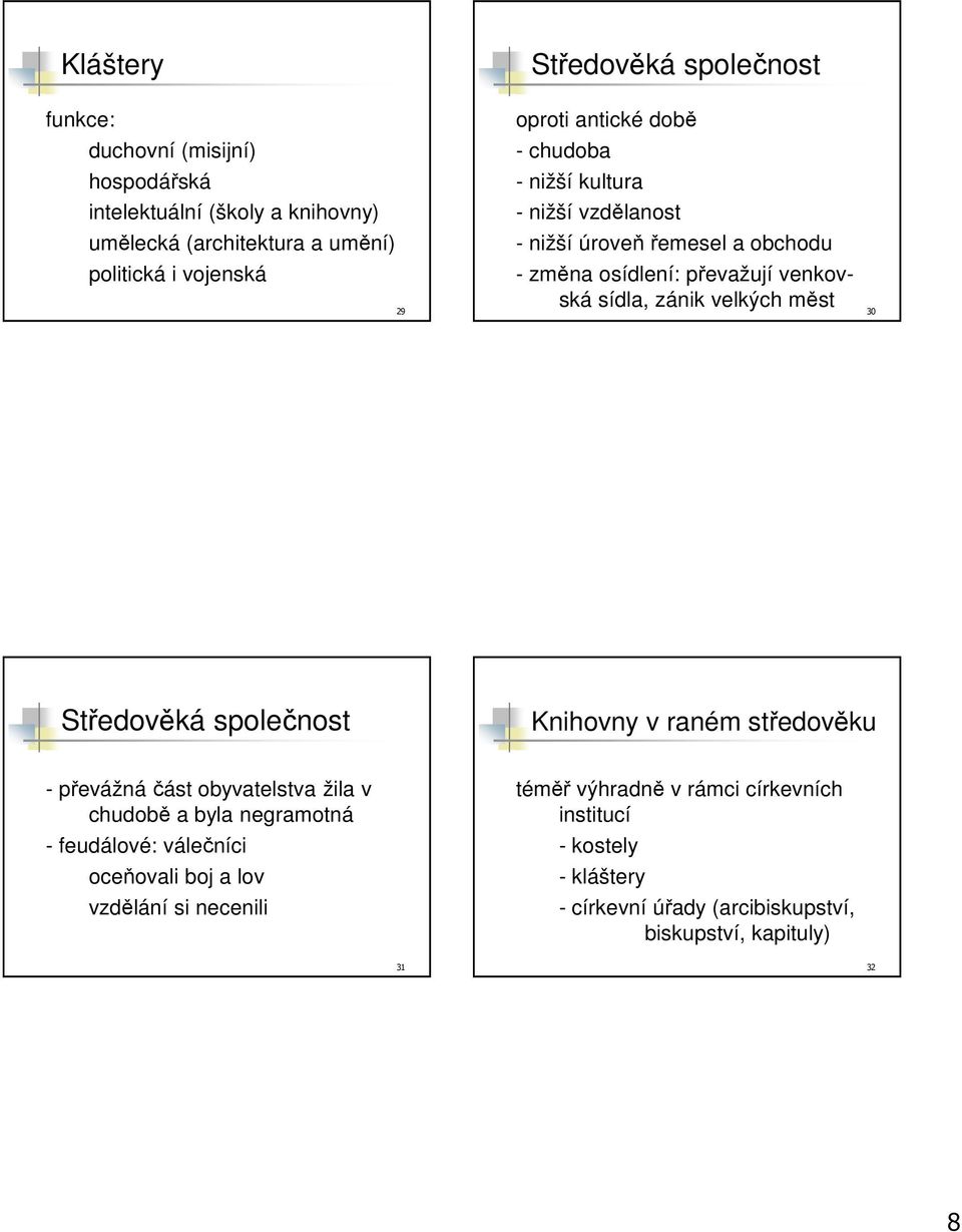 velkých měst 30 Středověká společnost Knihovny v raném středověku - převážná část obyvatelstva žila v chudobě a byla negramotná - feudálové: válečníci