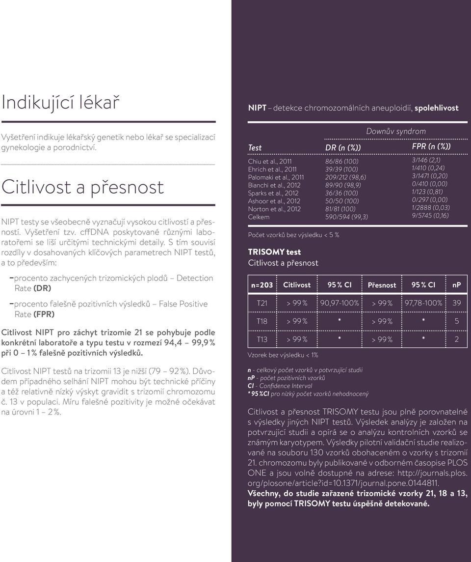 S tím souvisí rozdíly v dosahovaných klíčových parametrech NIPT testů, a to především: procento zachycených trizomických plodů Detection Rate (DR) procento falešně pozitivních výsledků False Positive