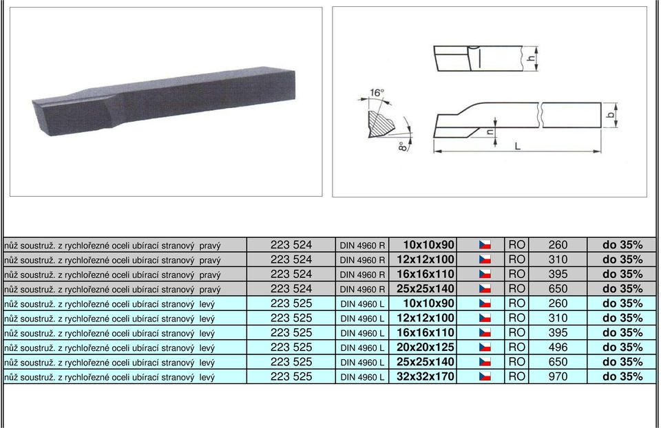 z rychlořezné oceli ubírací stranový pravý 223 524 DIN 4960 R 25x25x140 RO 650 do 35% nůž soustruž. z rychlořezné oceli ubírací stranový levý 223 525 DIN 4960 L 10x10x90 RO 260 do 35% nůž soustruž.