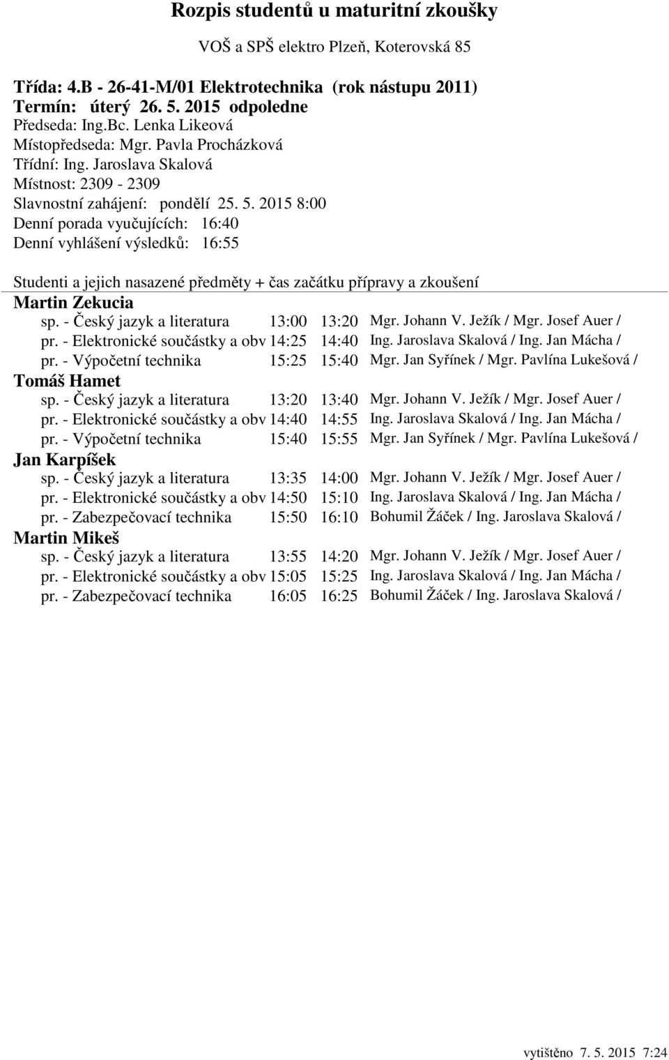 - Český jazyk a literatura 13:20 13:40 Mgr. Johann V. Ježík / Mgr. Josef Auer / pr. - Elektronické součástky a obv 14:40 14:55 Ing. Jaroslava Skalová / Ing. Jan Mácha / pr.