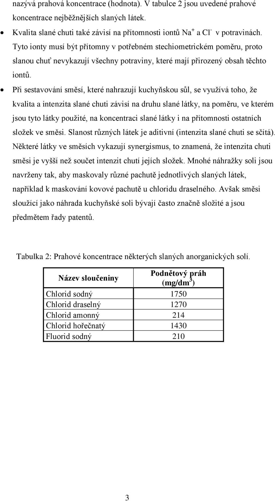 Při sestavování směsí, které nahrazují kuchyňskou sůl, se využívá toho, že kvalita a intenzita slané chuti závisí na druhu slané látky, na poměru, ve kterém jsou tyto látky použité, na koncentraci