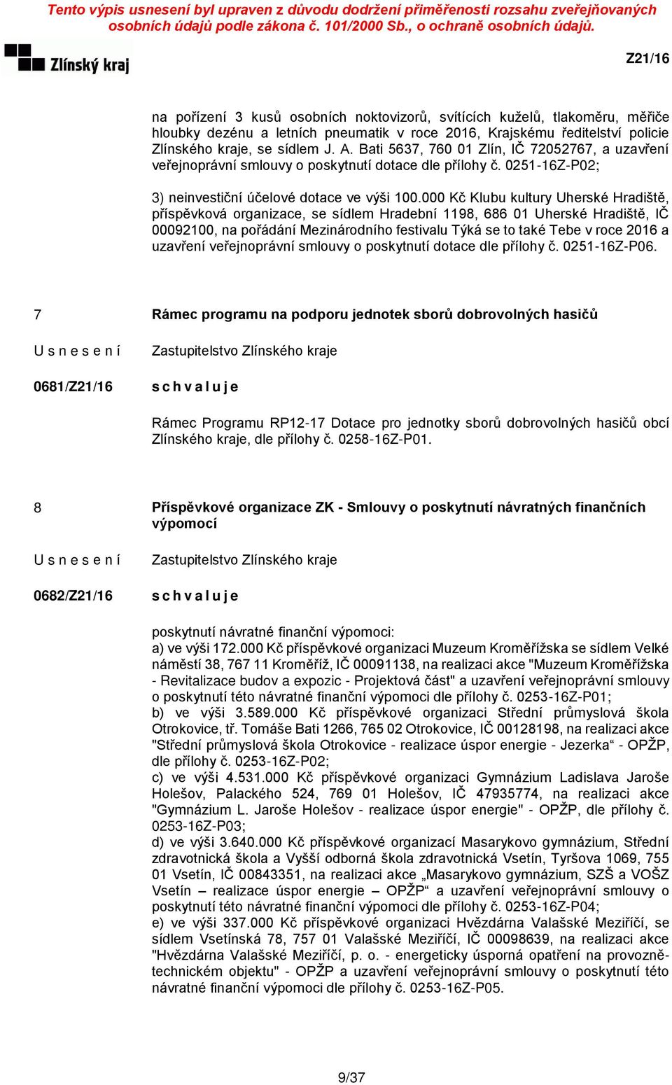 000 Kč Klubu kultury Uherské Hradiště, příspěvková organizace, se sídlem Hradební 1198, 686 01 Uherské Hradiště, IČ 00092100, na pořádání Mezinárodního festivalu Týká se to také Tebe v roce 2016 a