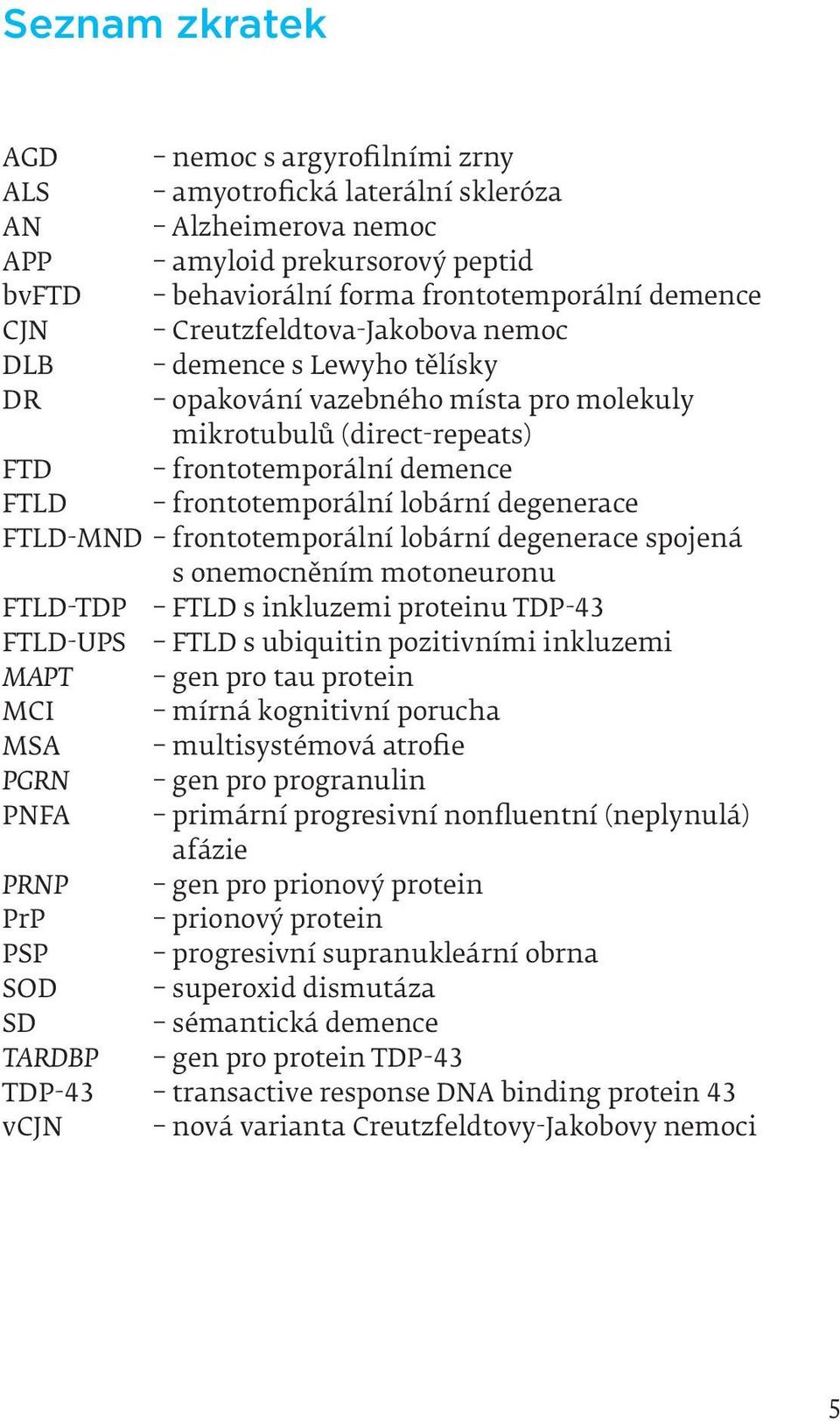 FTLD-MND frontotemporální lobární degenerace spojená s onemocněním motoneuronu FTLD-TDP FTLD s inkluzemi proteinu TDP-43 FTLD-UPS FTLD s ubiquitin pozitivními inkluzemi MAPT gen pro tau protein MCI