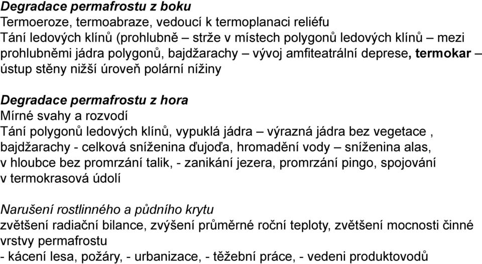 jádra bez vegetace, bajdžarachy - celková sníženina ďujoďa, hromadění vody sníženina alas, v hloubce bez promrzání talik, - zanikání jezera, promrzání pingo, spojování v termokrasová údolí