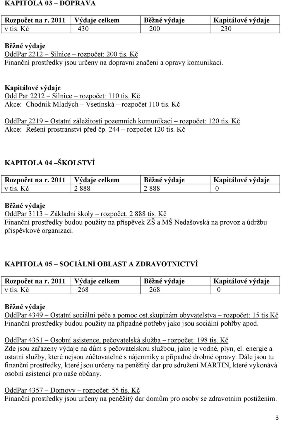 Kč OddPar 2219 Ostatní záležitosti pozemních komunikací rozpočet: 120 tis. Kč Akce: Řešení prostranství před čp. 244 rozpočet 120 tis. Kč KAPITOLA 04 ŠKOLSTVÍ Rozpočet na r.