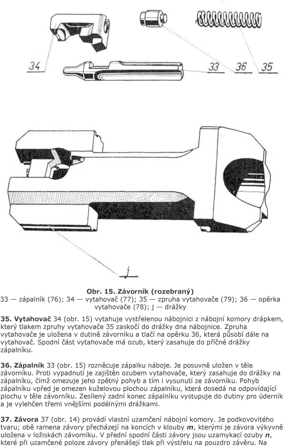 vytahovače má ozub, který zasahuje do příčné drážky zápalníku 36 Zápalník 33 (obr 15) rozněcuje zápalku náboje Je posuvně uložen v těle závorníku Proti vypadnutí je zajištěn ozubem vytahovače, který
