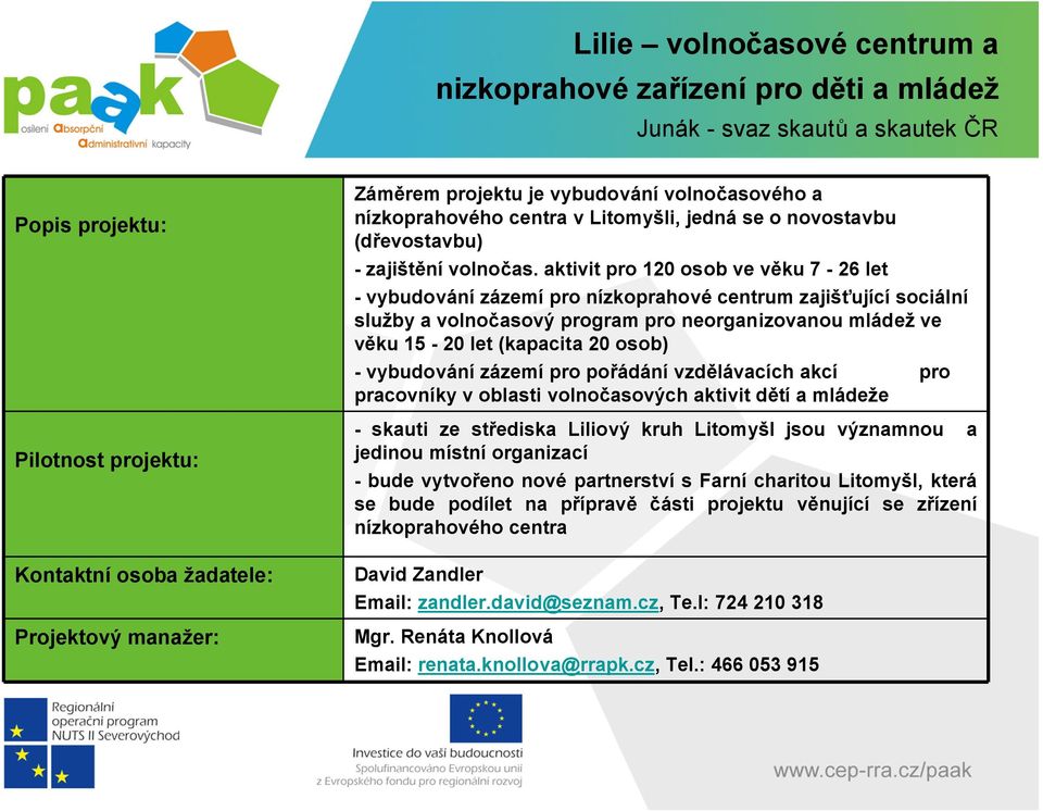 aktivit pro 120 osob ve věku 7-26 let - vybudování zázemí pro nízkoprahové centrum zajišťující sociální služby a volnočasový program pro neorganizovanou mládež ve věku 15-20 let (kapacita 20 osob) -