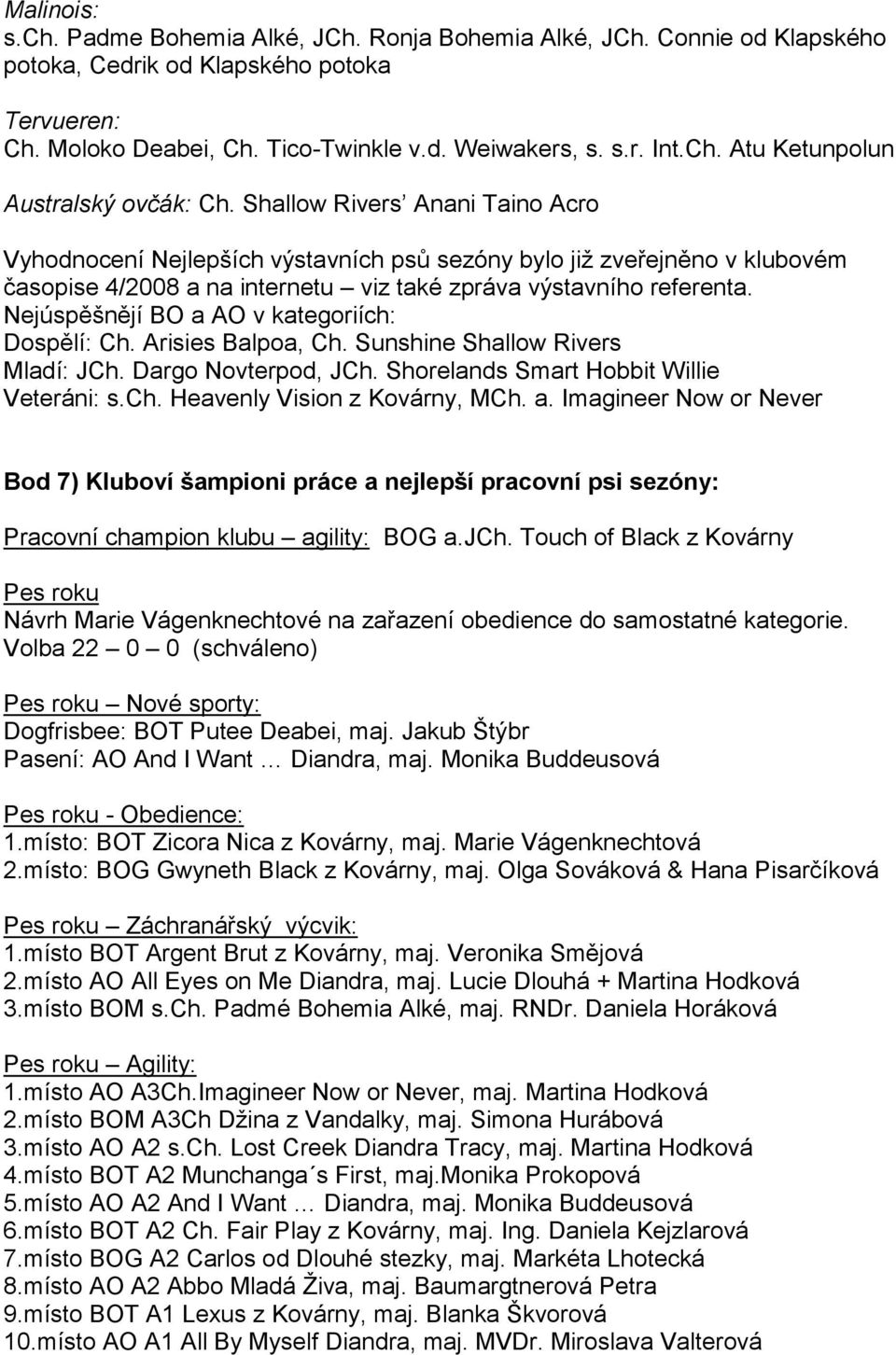 Nejúspěšnějí BO a AO v kategoriích: Dospělí: Ch. Arisies Balpoa, Ch. Sunshine Shallow Rivers Mladí: JCh. Dargo Novterpod, JCh. Shorelands Smart Hobbit Willie Veteráni: s.ch. Heavenly Vision z Kovárny, MCh.