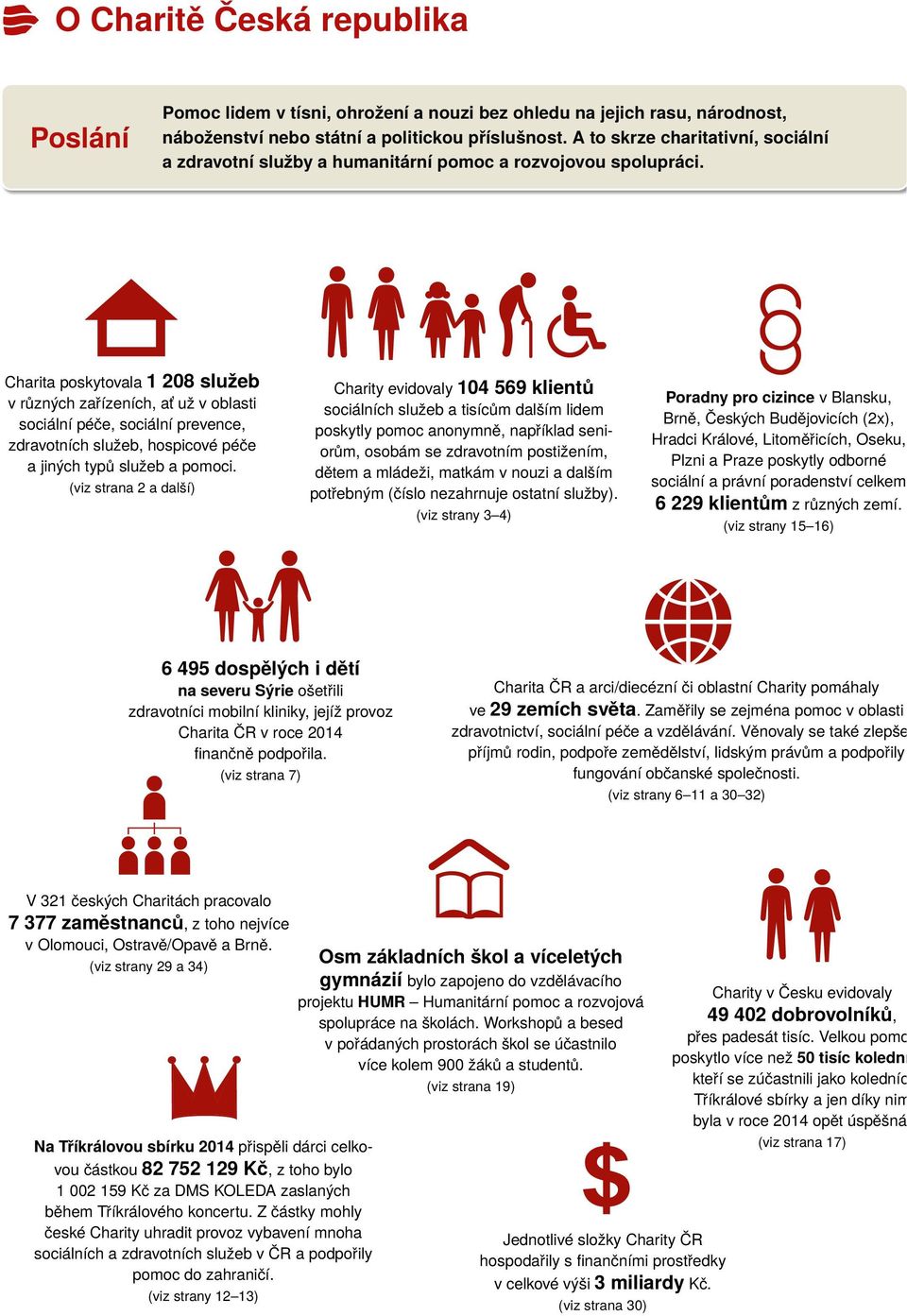 Charita poskytovala 1 208 služeb v různých zařízeních, ať už v oblasti sociální péče, sociální prevence, zdravotních služeb, hospicové péče a jiných typů služeb a pomoci.