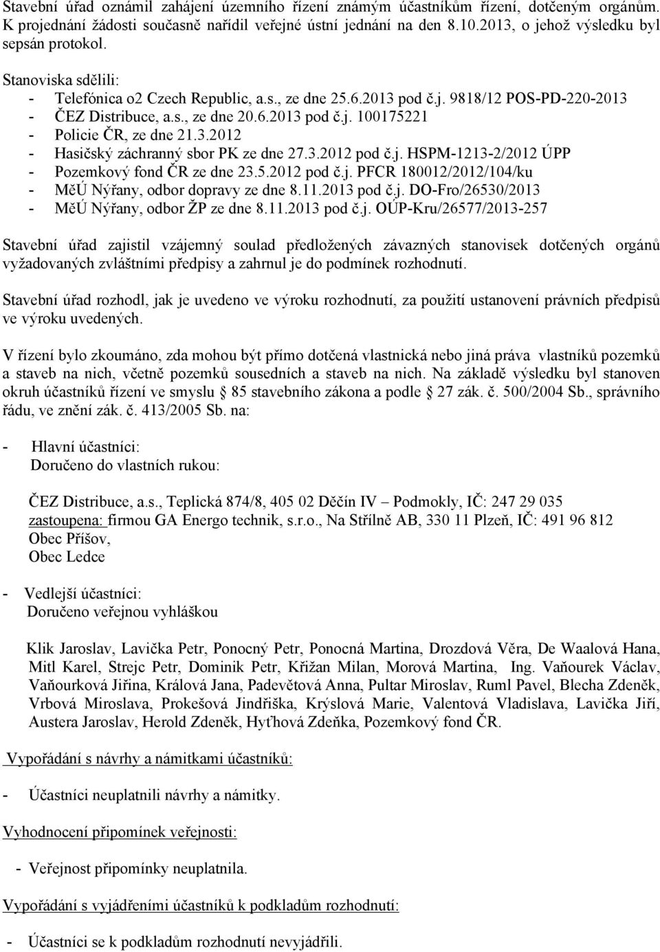 3.2012 - Hasičský záchranný sbor PK ze dne 27.3.2012 pod č.j. HSPM-1213-2/2012 ÚPP - Pozemkový fond ČR ze dne 23.5.2012 pod č.j. PFCR 180012/2012/104/ku - MěÚ Nýřany, odbor dopravy ze dne 8.11.