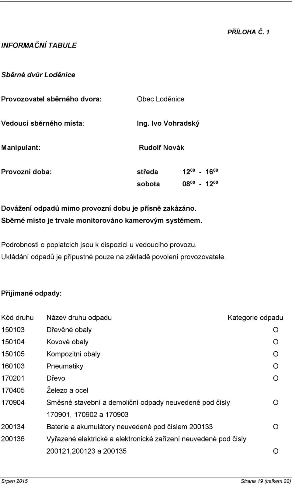 Sběrné místo je trvale monitorováno kamerovým systémem. Podrobnosti o poplatcích jsou k dispozici u vedoucího provozu. Ukládání odpadů je přípustné pouze na základě povolení provozovatele.