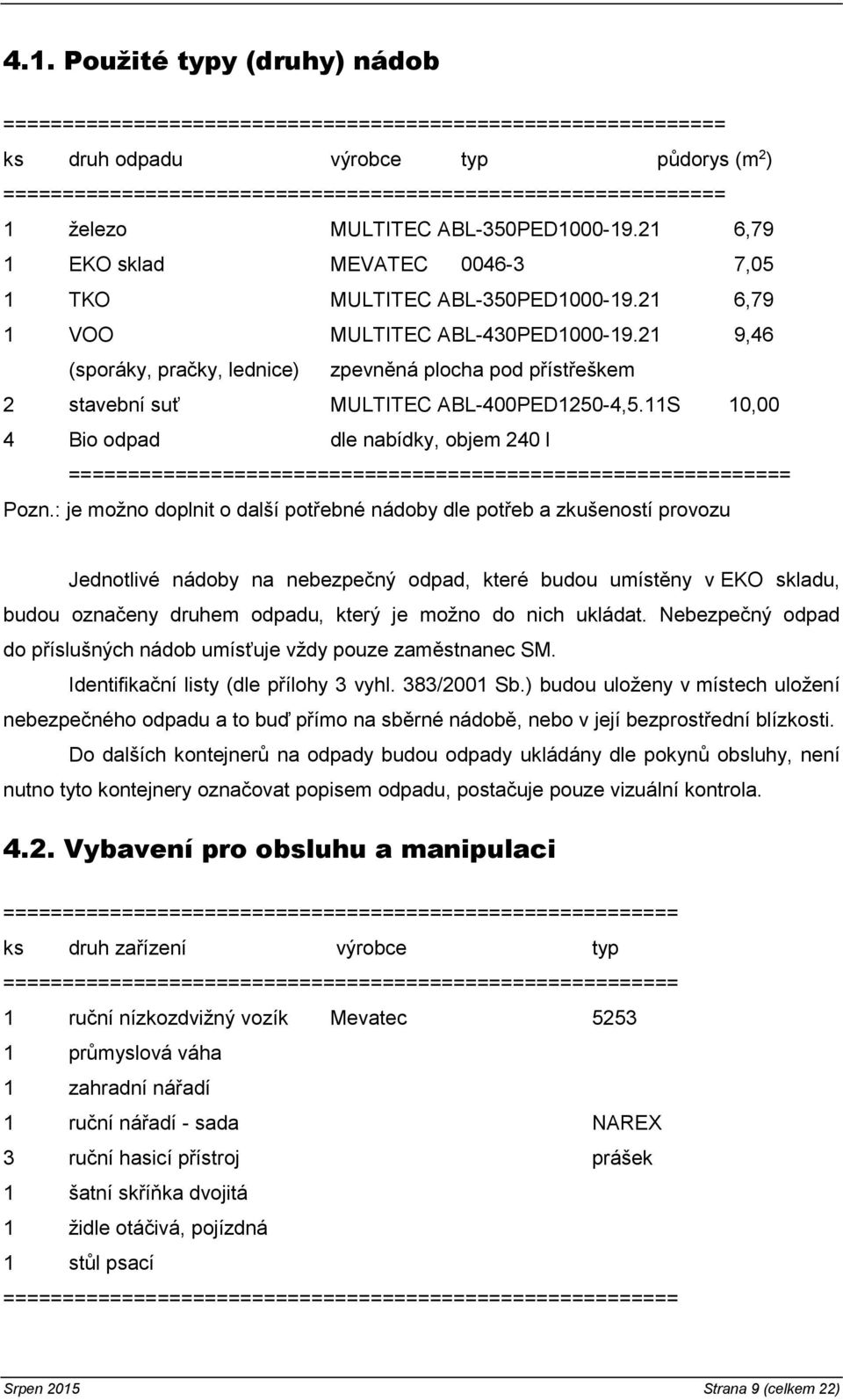 21 9,46 (sporáky, pračky, lednice) zpevněná plocha pod přístřeškem 2 stavební suť MULTITEC ABL-400PED1250-4,5.