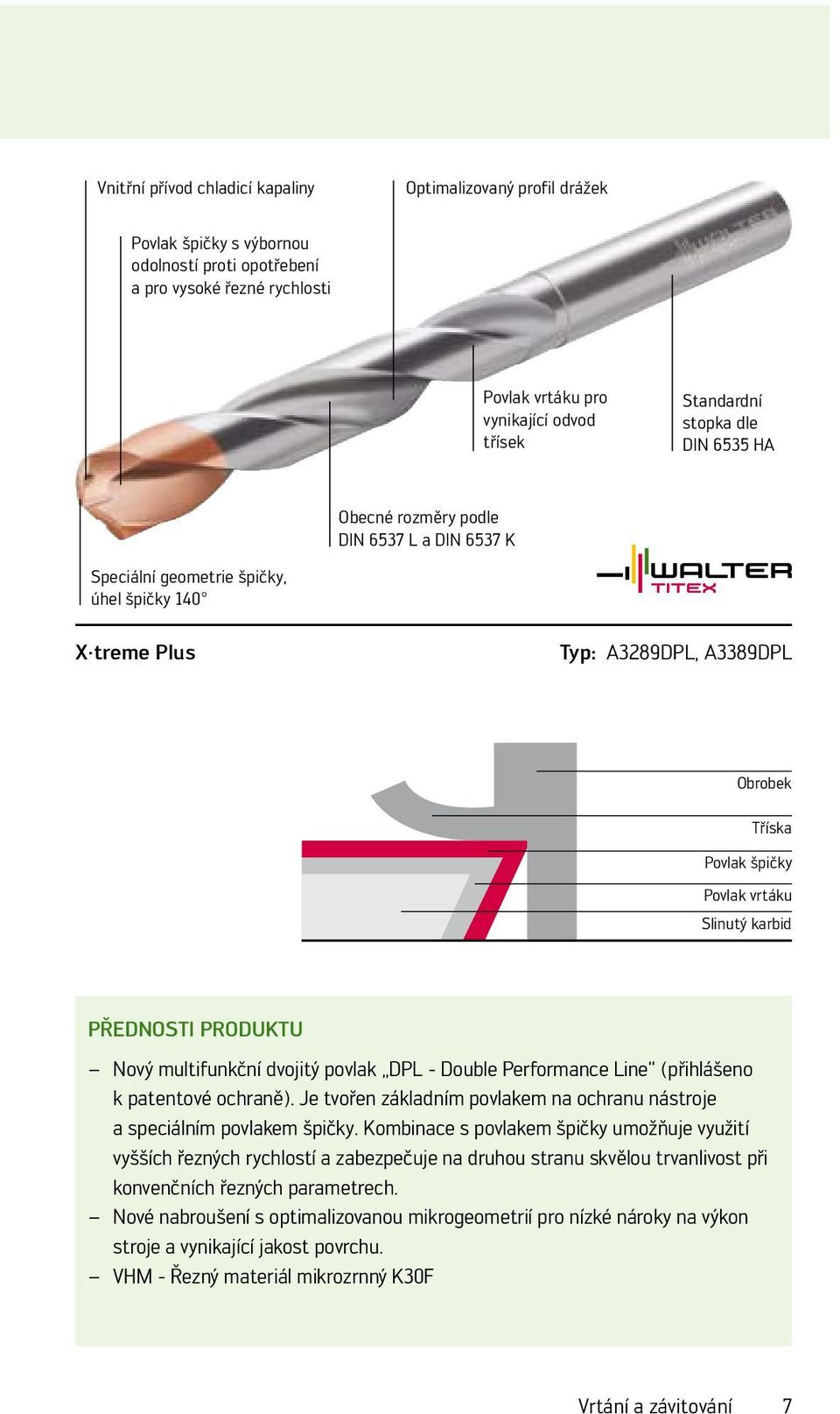 produktu Nový multifunkční dvojitý povlk DPL - Double Performnce Line (přihlášeno k ptentové ochrně). Je tvořen zákldním povlkem n ochrnu nástroje speciálním povlkem špičky.