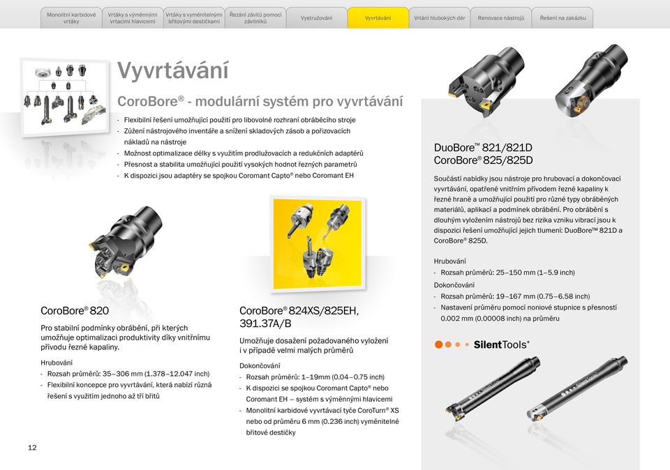 adaptéry se spojkou Coromant Capto nebo Coromant EH DuoBore 821/821D CoroBore 825/825D Součástí nabídky jsou nástroje pro hrubovací a dokončovací vyvrtávání, opatřené vnitřním přívodem řezné kapaliny