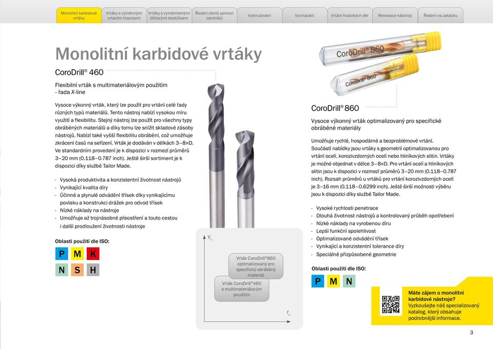 Nabízí také vyšší flexibilitu obrábění, což umožňuje zkrácení časů na seřízení. Vrták je dodáván v délkách 3 8 D. Ve standardním provedení je k dispozici v rozmezí průměrů 3 20 mm (0.118 0.787 inch).