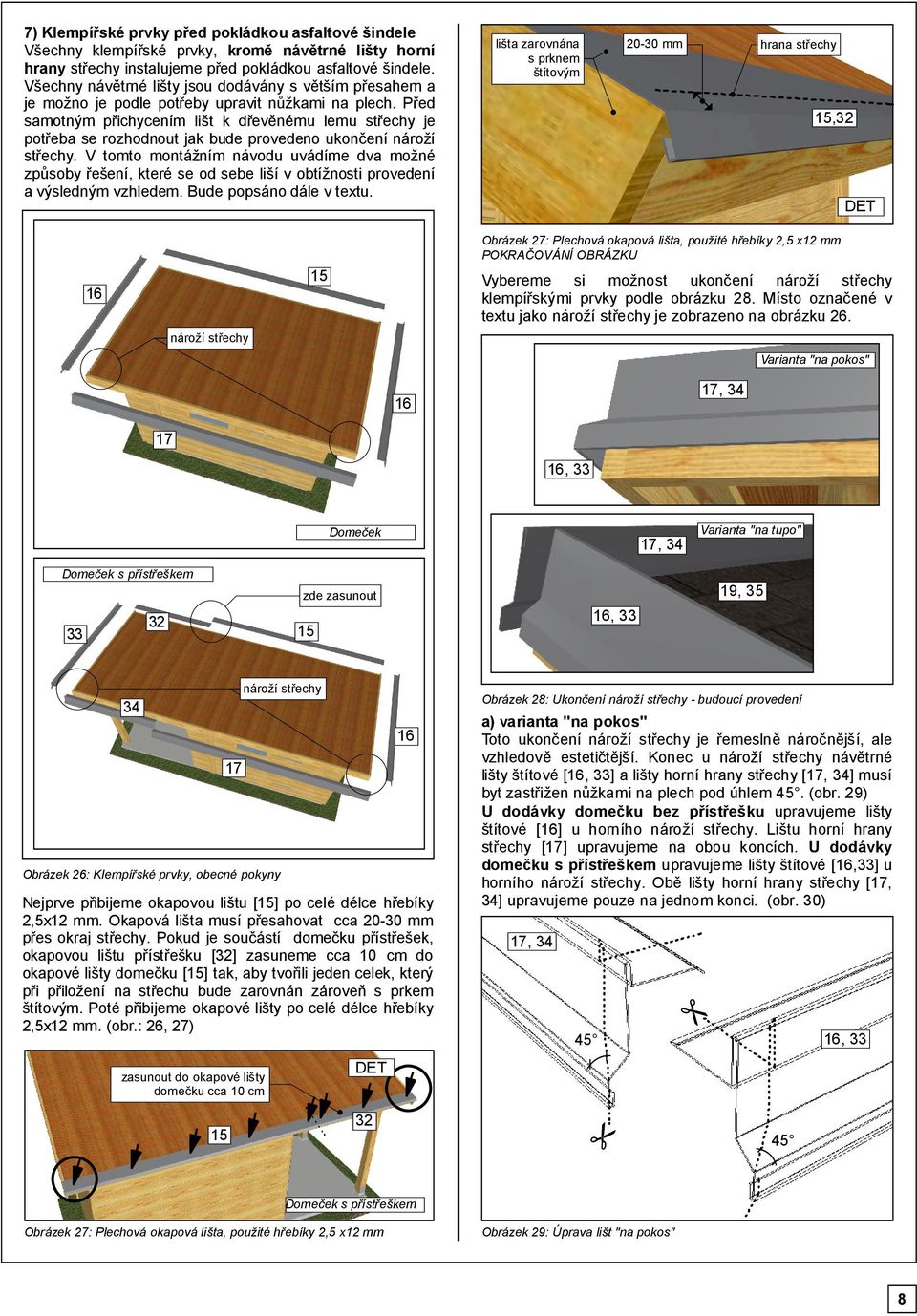 Před samotným přichycením lišt k dřevěnému lemu střechy je potřeba se rozhodnout jak bude provedeno ukončení nároží střechy.