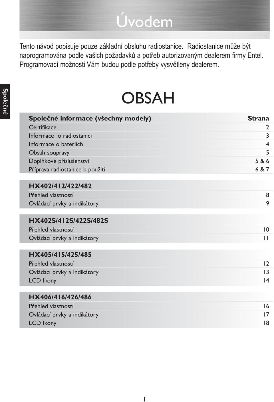 Společné OBSAH Společné informace (všechny modely) Strana Certifikace 2 Informace o radiostanici 3 Informace o bateriích 4 Obsah soupravy 5 Doplňkové příslušenství 5 & 6 Příprava