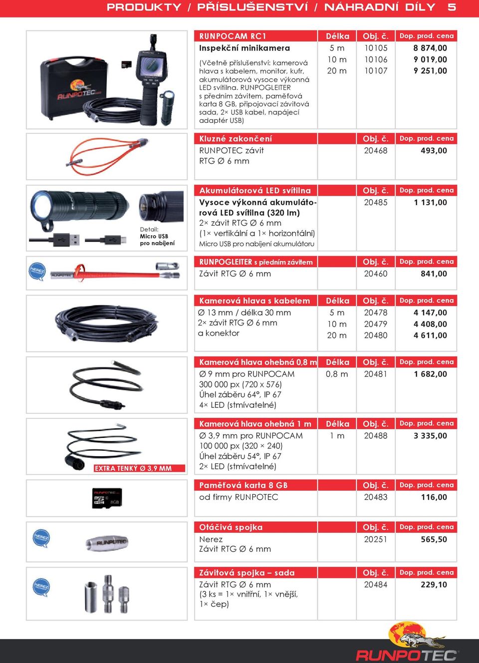 RUNPOGLEITER s předním závitem, paměťová karta 8 GB, připojovací závitová sada, 2 USB kabel, napájecí adaptér USB) Kluzné zakončení Obj. č. Dop. prod.