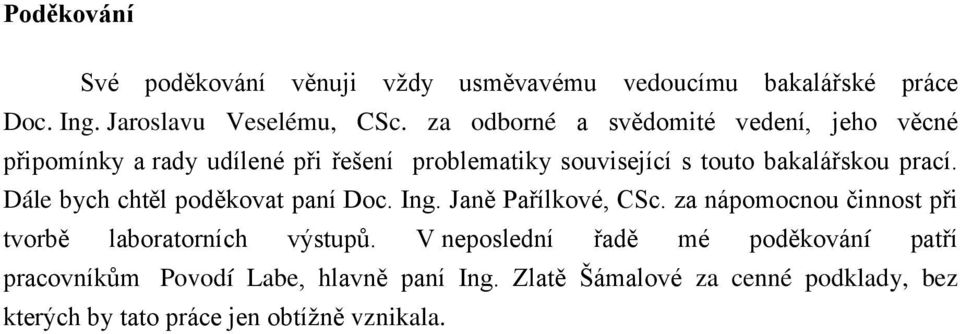 Dále bych chtěl poděkovat paní Doc. Ing. Janě Pařílkové, CSc. za nápomocnou činnost při tvorbě laboratorních výstupů.