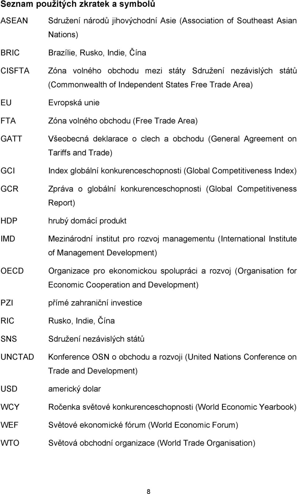 Všeobecná deklarace o clech a obchodu (General Agreement on Tariffs and Trade) Index globální konkurenceschopnosti (Global Competitiveness Index) Zpráva o globální konkurenceschopnosti (Global