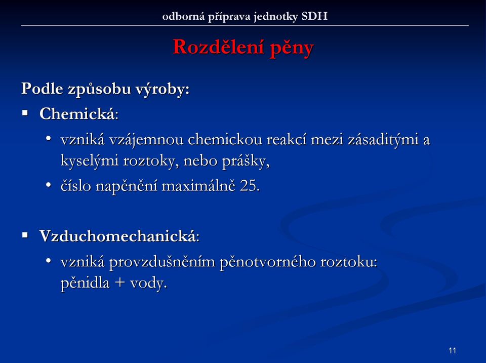 kyselými roztoky, nebo prášky, číslo napěnění maximálně 25.