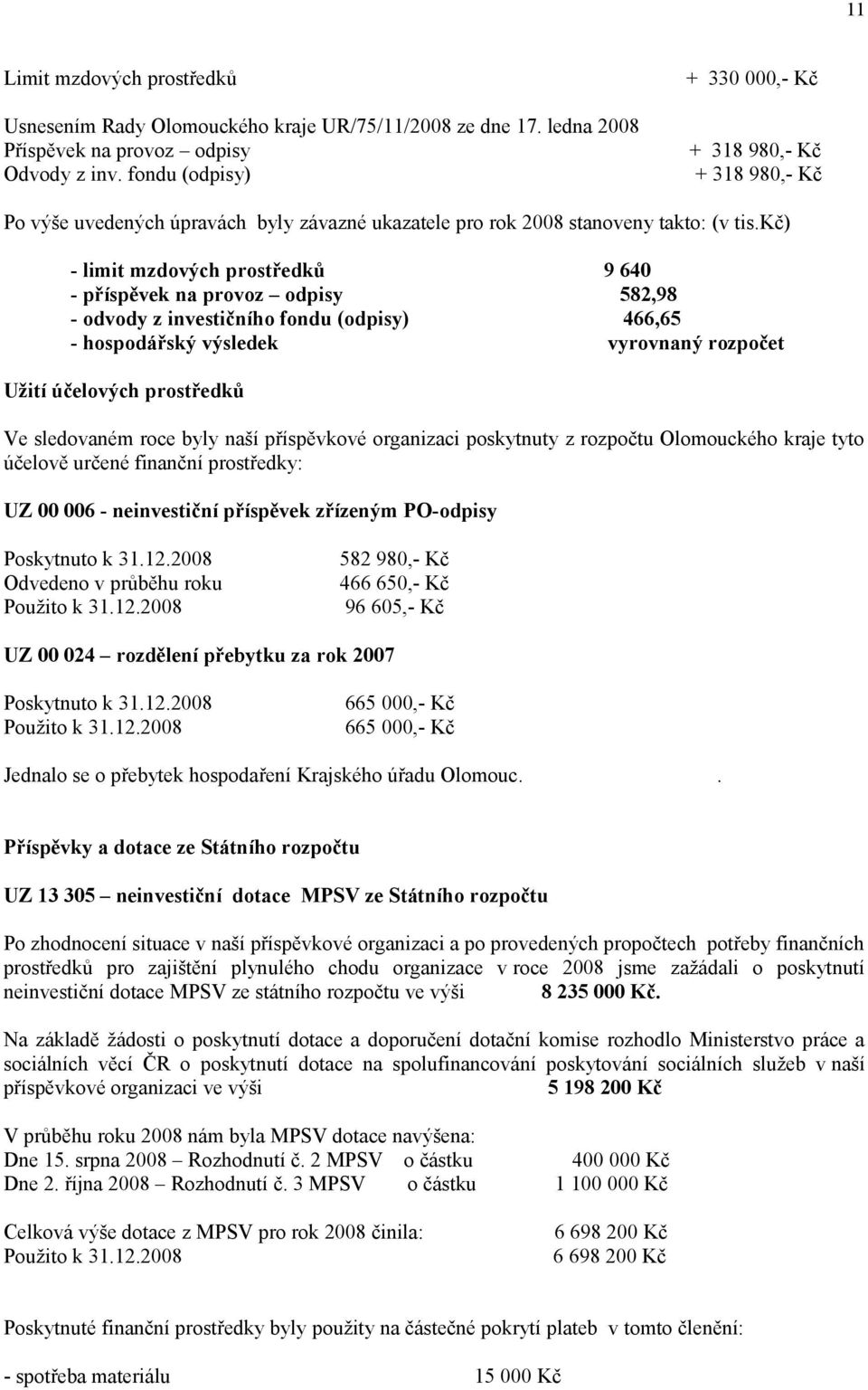 kč) limit mzdových prostředků příspěvek na provoz odpisy odvody z investičního fondu (odpisy) hospodářský výsledek 9 640 582,98 466,65 vyrovnaný rozpočet Užití účelových prostředků Ve sledovaném roce