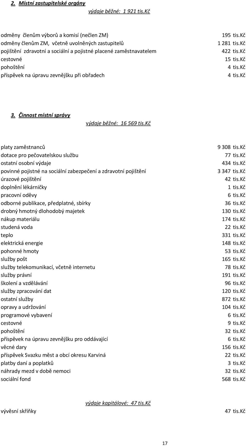 zevnějšku při obřadech 195 tis.kč 1281 tis.kč 422 tis.kč 15 tis.kč 4 tis.kč 4 tis.kč 3. Činnost místní správy výdaje běžné: 16 569 tis.
