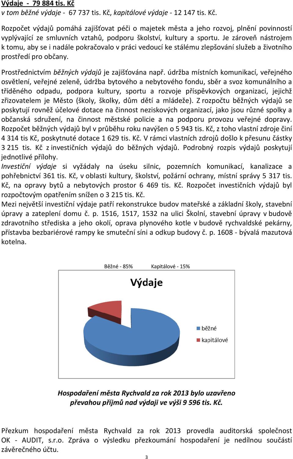 údržba místních komunikací, veřejného osvětlení, veřejné zeleně, údržba bytového a nebytového fondu, sběr a svoz komunálního a tříděného odpadu, podpora kultury, sportu a rozvoje příspěvkových