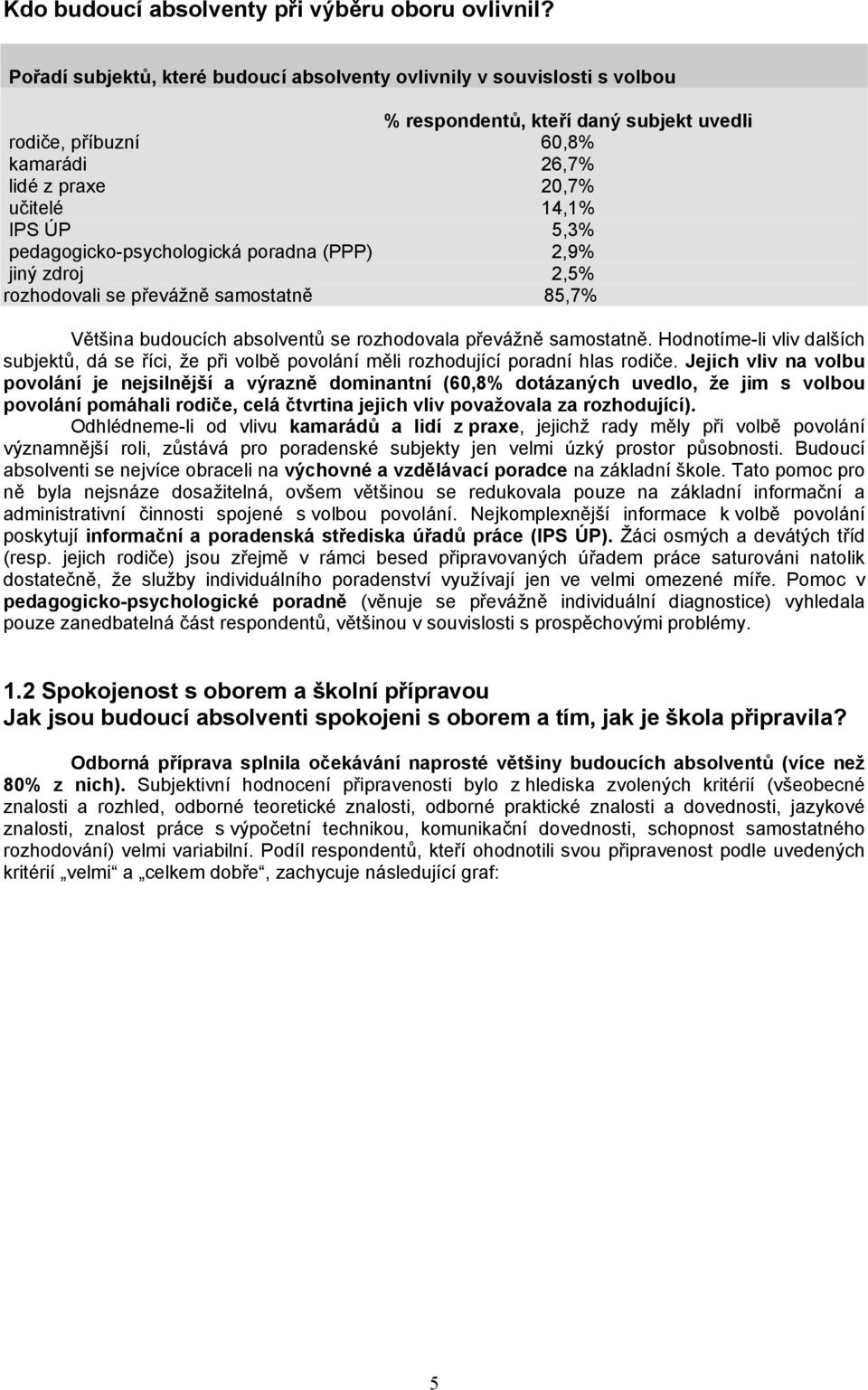 pedagogicko-psychologická poradna (PPP) 2,9% jiný zdroj 2,5% rozhodovali se převážně samostatně 85,7% Většina budoucích absolventů se rozhodovala převážně samostatně.