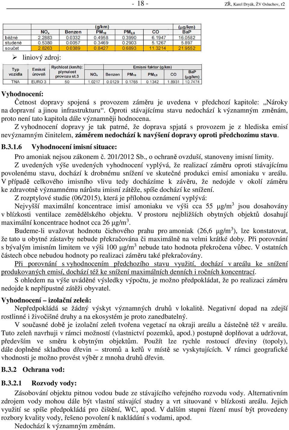 Z vyhodnocení dopravy je tak patrné, že doprava spjatá s provozem je z hlediska emisí nevýznamným činitelem, záměrem nedochází k navýšení dopravy oproti předchozímu stavu. B.3.1.