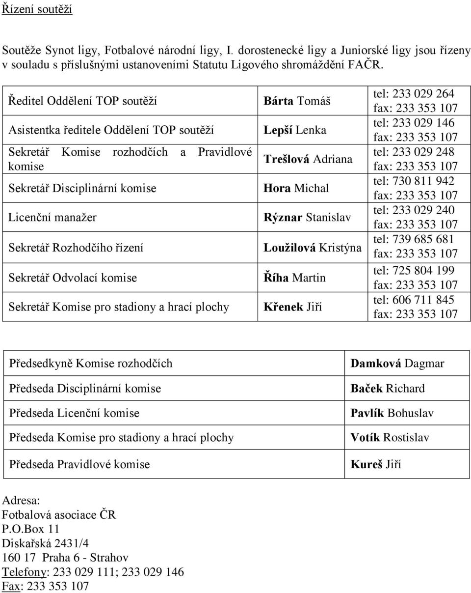 Odvolací komise Sekretář Komise pro stadiony a hrací plochy Bárta Tomáš Lepší Lenka Trešlová Adriana Hora Michal Rýznar Stanislav Loužilová Kristýna Říha Martin Křenek Jiří tel: 233 029 264 fax: 233