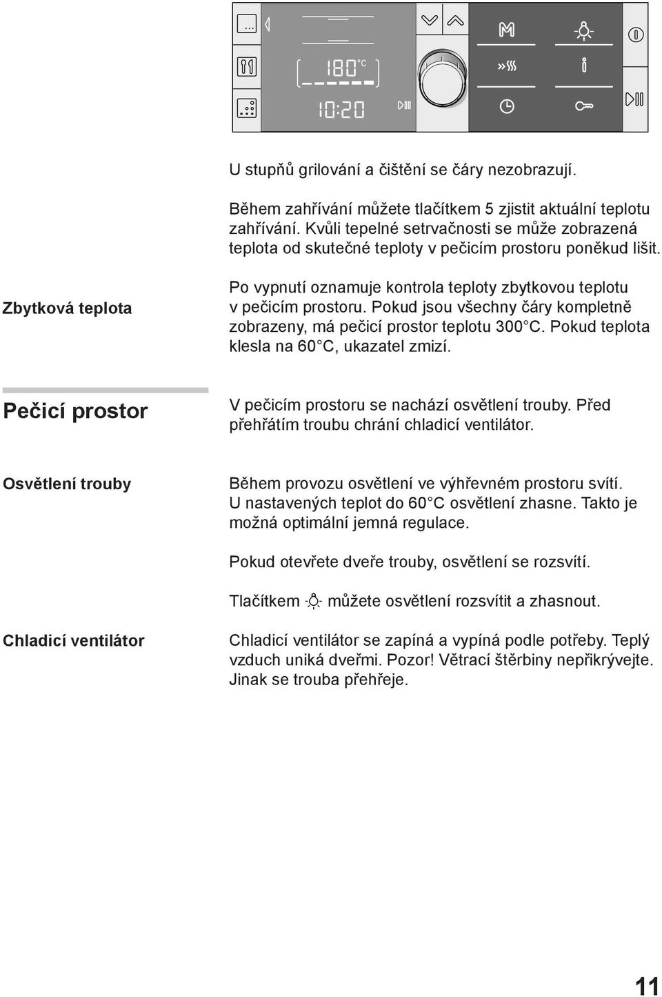 Pokud jsou všechny čáry kompletně zobrazeny, má pečicí prostor teplotu 300 C. Pokud teplota klesla na 60 C, ukazatel zmizí. Pečicí prostor V pečicím prostoru se nachází osvětlení trouby.