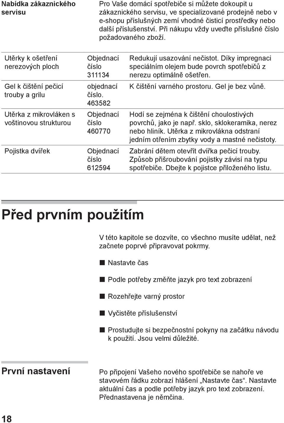 Utěrky k ošetření nerezových ploch Gel k čištění pečicí trouby a grilu Utěrka z mikrovláken s voštinovou strukturou Pojistka dvířek Objednací číslo 311134 objednací číslo.