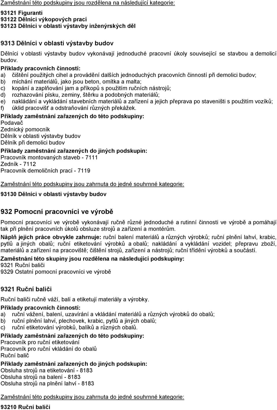 a) čištění použitých cihel a provádění dalších jednoduchých pracovních činností při demolici budov; b) míchání materiálů, jako jsou beton, omítka a malta; c) kopání a zaplňování jam a příkopů s