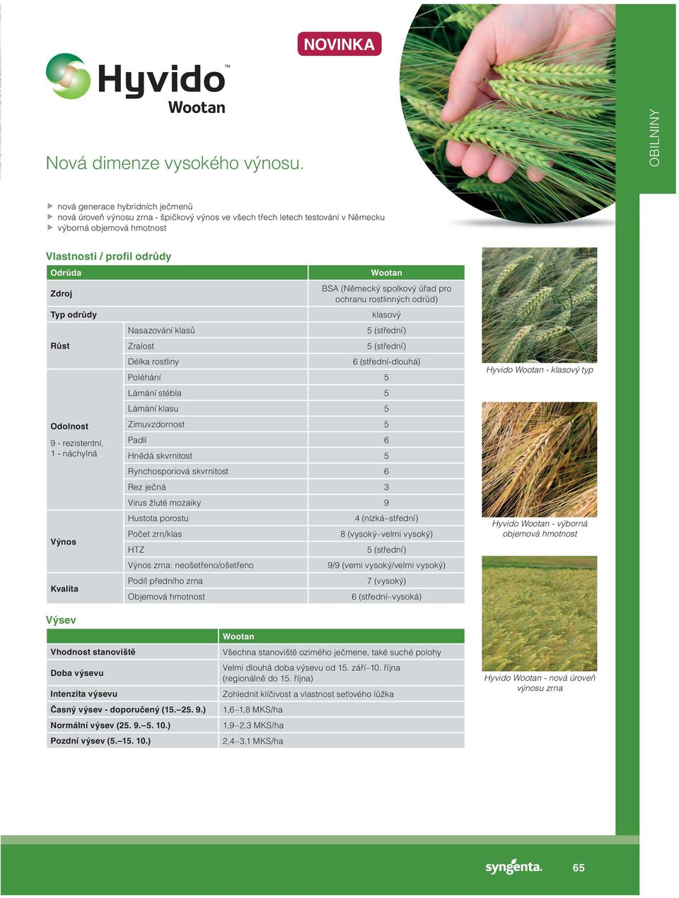 odrůdy Růst Odolnost 9 - rezistentní, 1 - náchylná Výnos Kvalita Nasazování klasů Zralost Délka rostliny Wootan BSA (Německý spolkový úřad pro ochranu rostlinných odrůd) klasový 5 (střední) 5